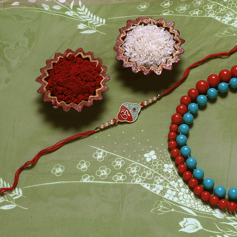 Kord Store 'Om' Design Mint Mina Ruby Stone Thread Moti Gold Finish  Set Of 1 Rakhi For Brother