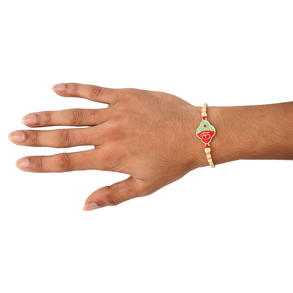 Kord Store 'Om' Design Mint Mina Ruby Stone Thread Moti Gold Finish  Set Of 1 Rakhi For Brother