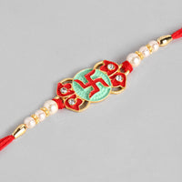 Kord Store 'Swastik' Mark Mint Green And Ruby Minakari Thread Moti Gold Finish Rakhi Set Of 1 For Brother