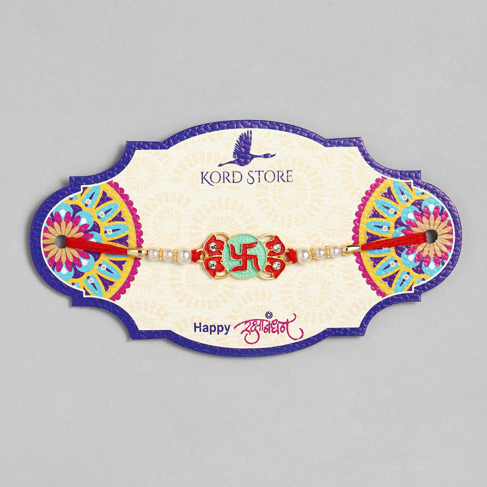 Kord Store 'Swastik' Mark Mint Green And Ruby Minakari Thread Moti Gold Finish Rakhi Set Of 1 For Brother