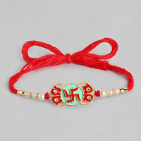 Kord Store 'Swastik' Mark Mint Green And Ruby Minakari Thread Moti Gold Finish Rakhi Set Of 1 For Brother