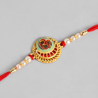Kord Store 'Om' Design Mint Mina Thread Moti Ruby Stone  Gold Finish Rakhi Set Of 1 For Brother