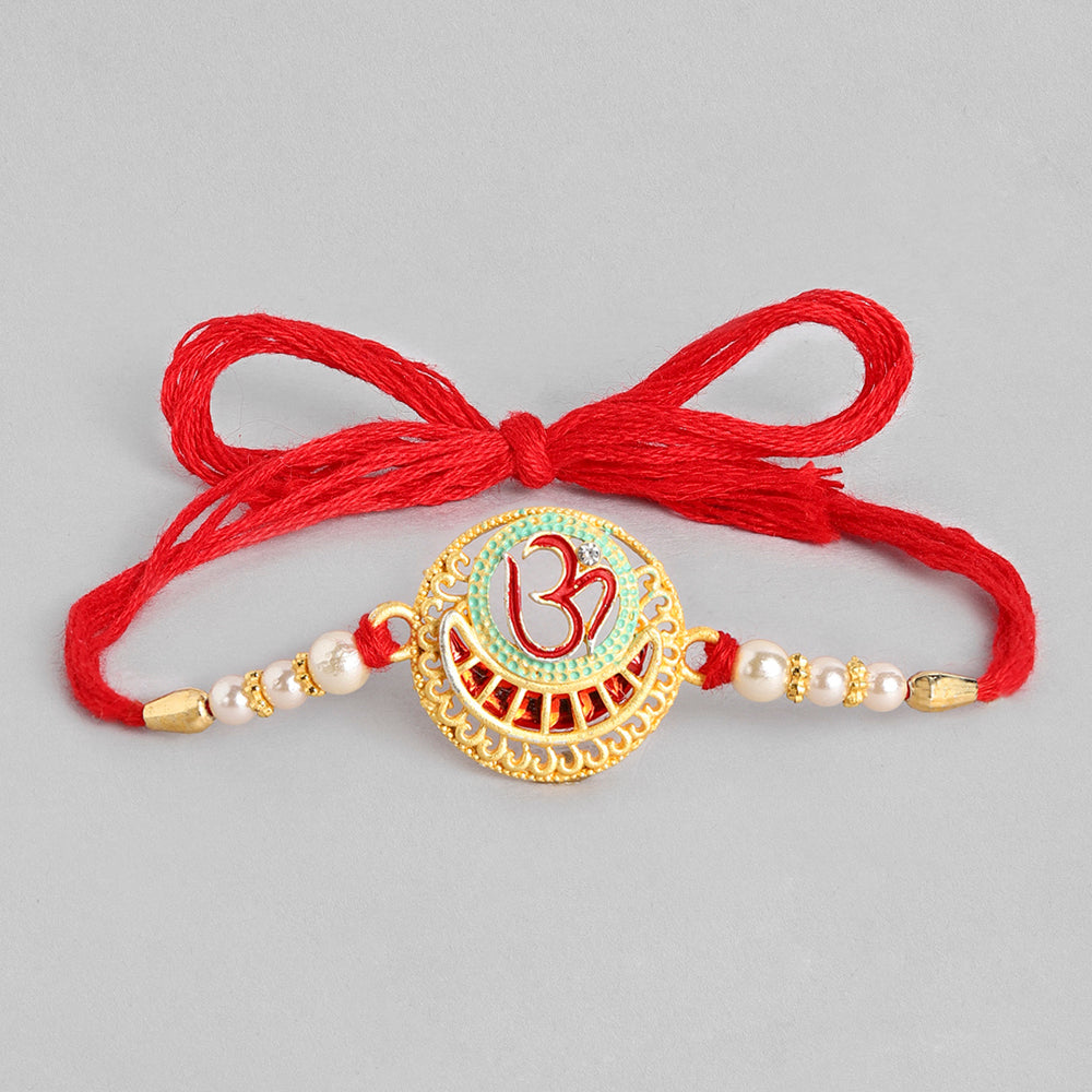 Kord Store 'Om' Design Mint Mina Thread Moti Ruby Stone  Gold Finish Rakhi Set Of 1 For Brother