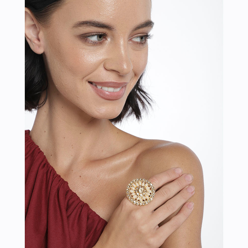 Kord Store Traditional Round Shape Alloy Gold Plated LCT Stone Adjustable Finger Ring For Women & Girls  - KSRIN10009