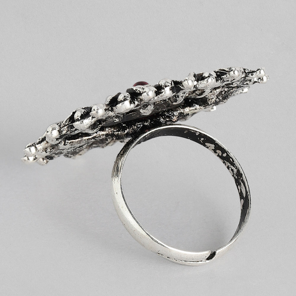 Kord Store Latest Design Adjustable Silver Oxidised Plated Floral Finger Ring For Girls and Women