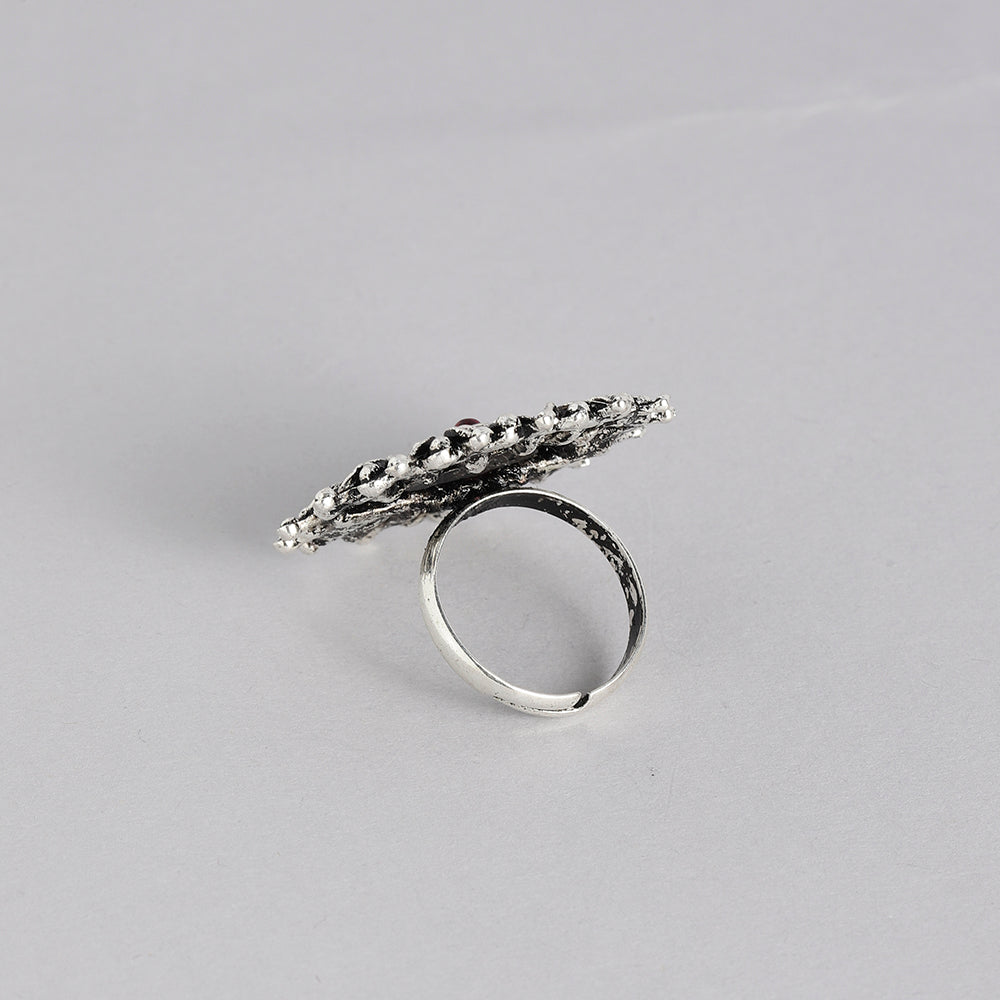 Kord Store Latest Design Adjustable Silver Oxidised Plated Floral Finger Ring For Girls and Women