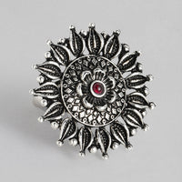 Kord Store Latest Design Adjustable Silver Oxidised Plated Floral Finger Ring For Girls and Women