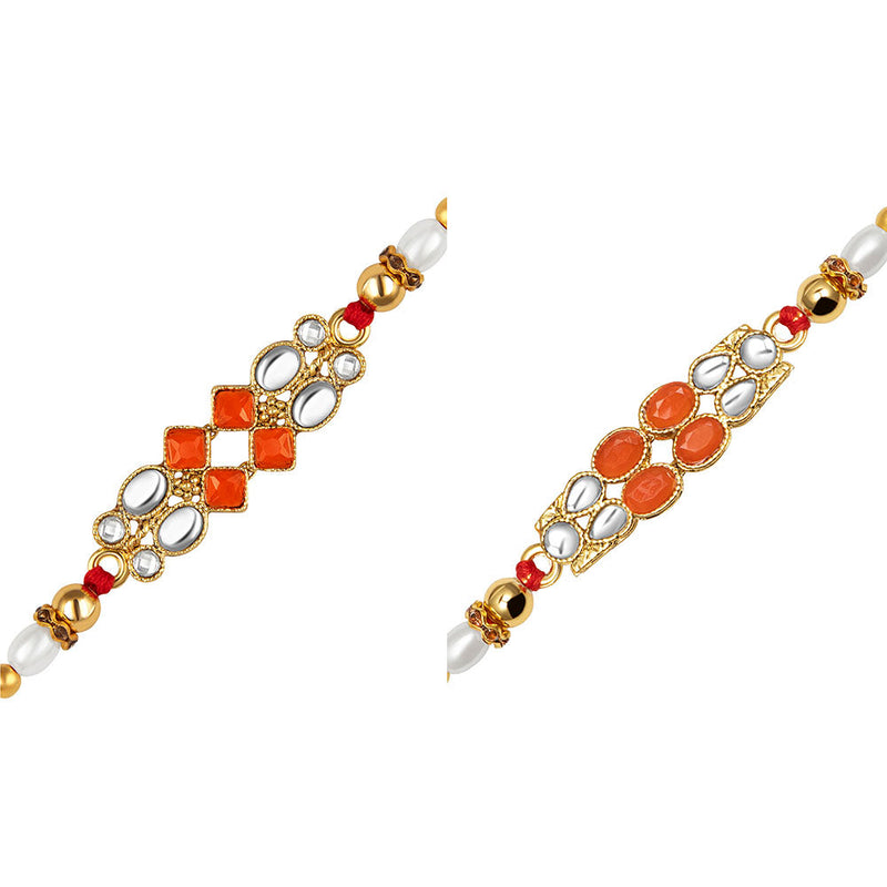 Kord Store Designer Multi-Color Stone & Pearl Gold Plated Set of 2 Rakhi Combo For Brother