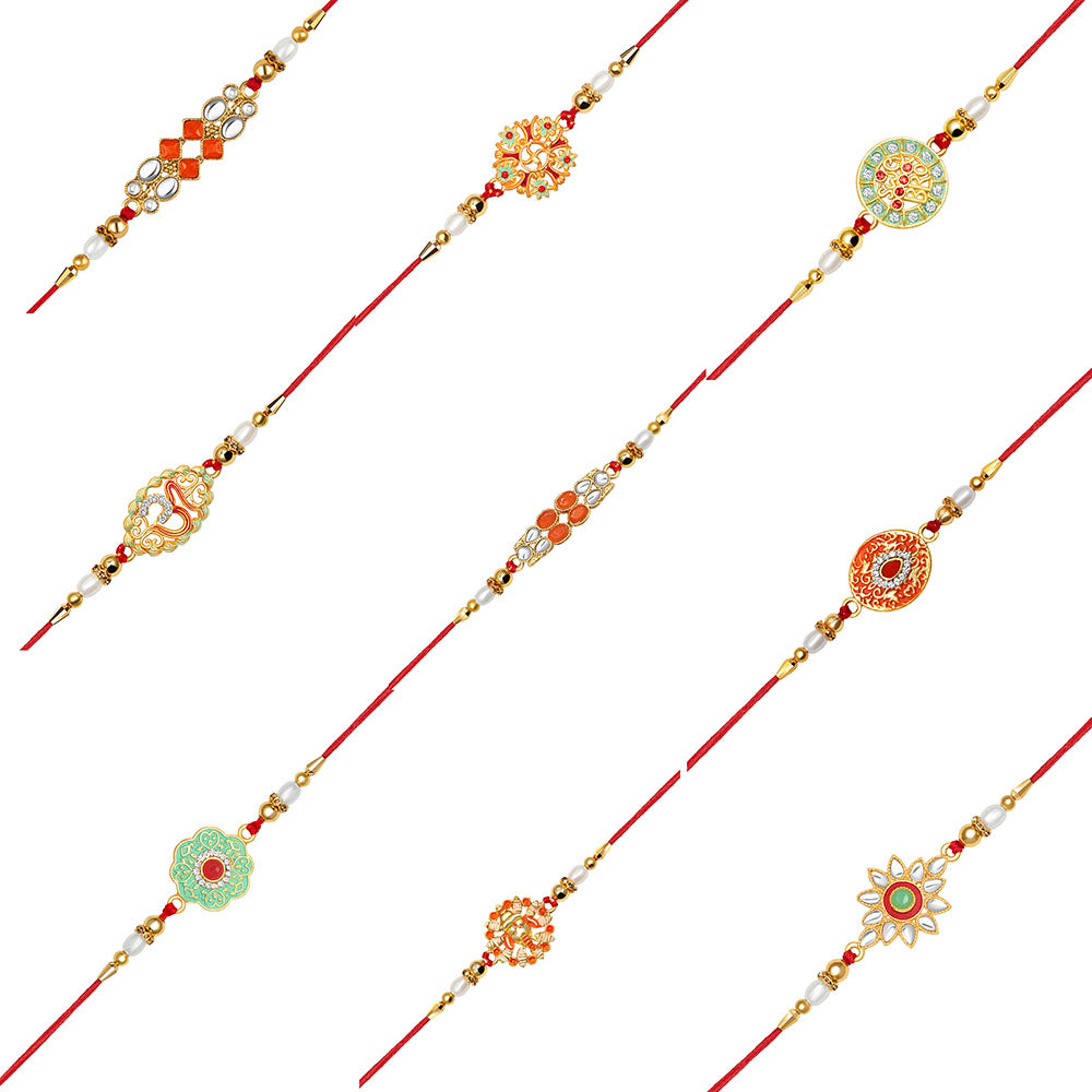 Kord Store "OM" & "Lord Ganesha Design Multi-Color Stone & Pearl Gold Plated Set of 9 Rakhi Combo For Brother