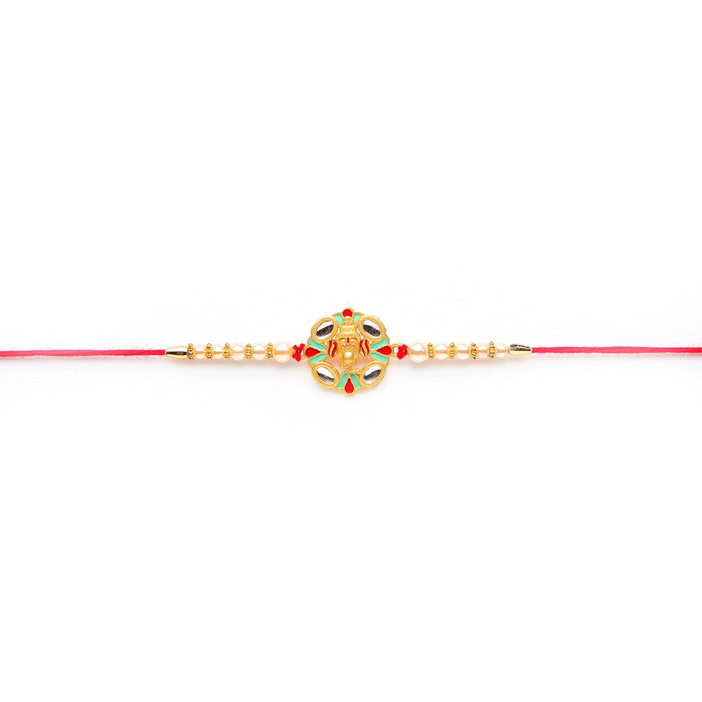 Kord Store 'Bro' Mark Mint Green Ruby Mina Thread Moti Gold Finish Rakhi Set Of 1 For Brother