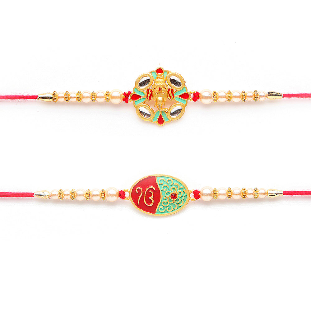 Kord Store 'Bro' Mark Mint Green Ruby Mina Thread Moti Gold Finish Rakhi Set Of 1 For Brother