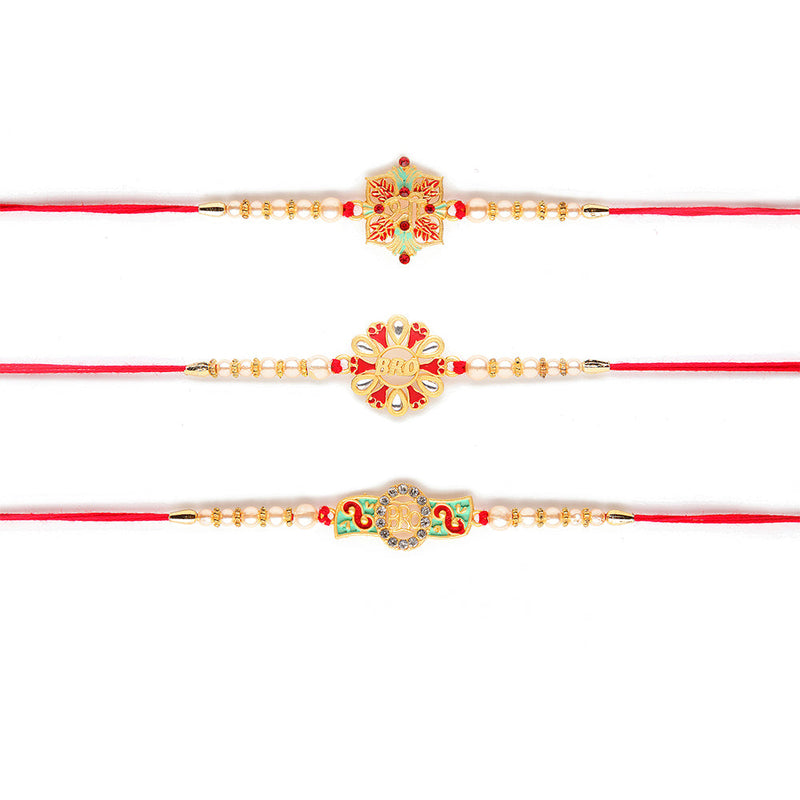 Kord Store 'Flower/Bro' Design Mint Green/Ruby Mina Multi Stone Rakhi Set Of 3 For Brother