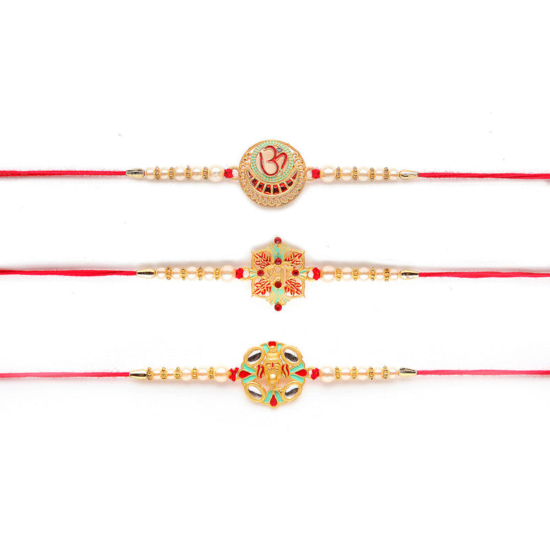 Kord Store 'Ganeshji/Om/Shree' Design Mint Green/Ruby Mina Multi Stone Rakhi Set Of 3 For Brother