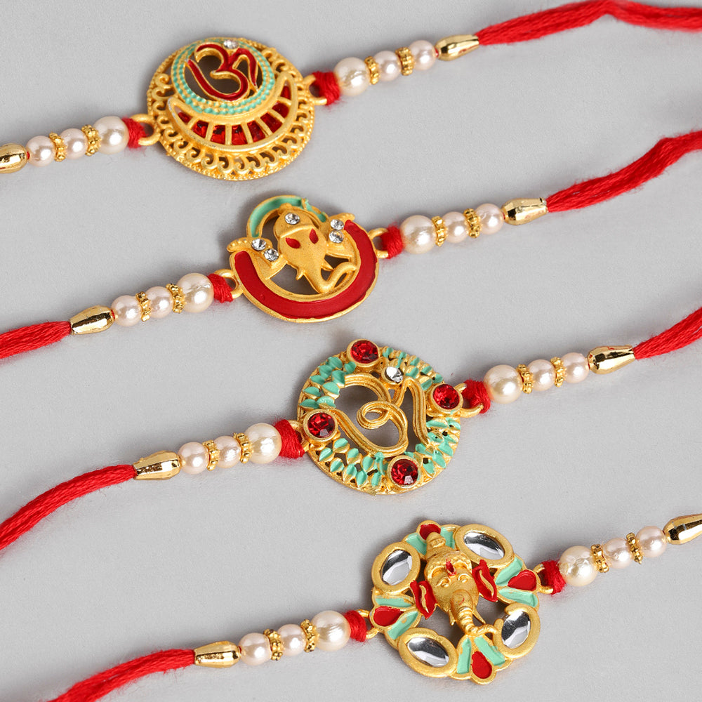 Kord Store 'Om And Ganeshji' Design Mint Green/Ruby Mina Multi Stone Rakhi Set Of 4 For Brother