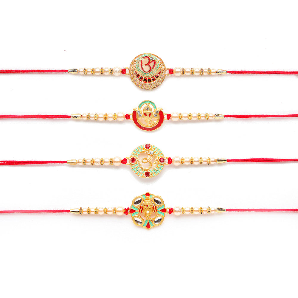 Kord Store 'Om And Ganeshji' Design Mint Green/Ruby Mina Multi Stone Rakhi Set Of 4 For Brother