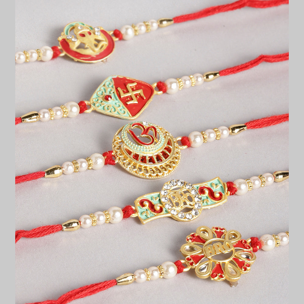 Kord Store 'Ganeshji/Bro/Om/Swastik Design Mint Green/Ruby Mina Multi Stone Rakhi Set Of 5 For Brother