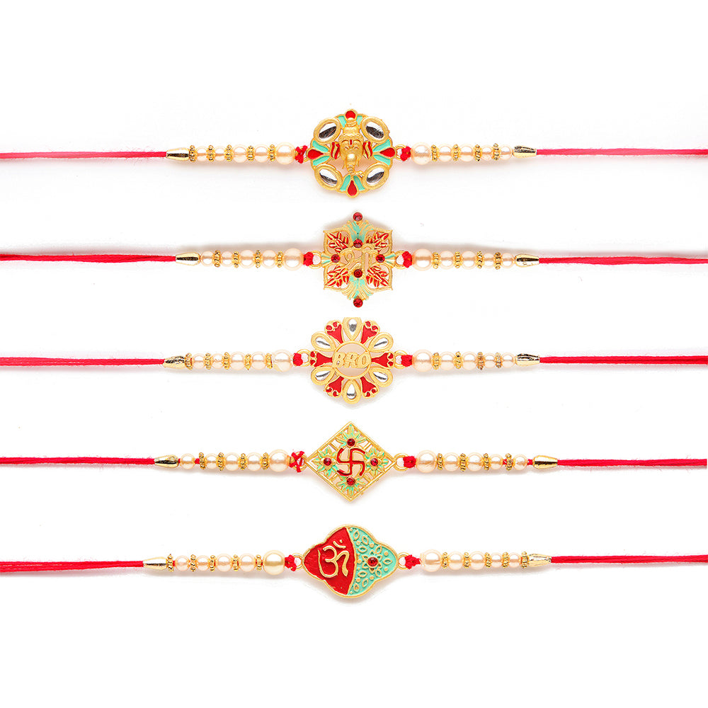 Kord Store Om/Ganeshji/Shree/Bro' Design Mint Green/Ruby Mina Multi Stone Rakhi Set Of 5 For Brother