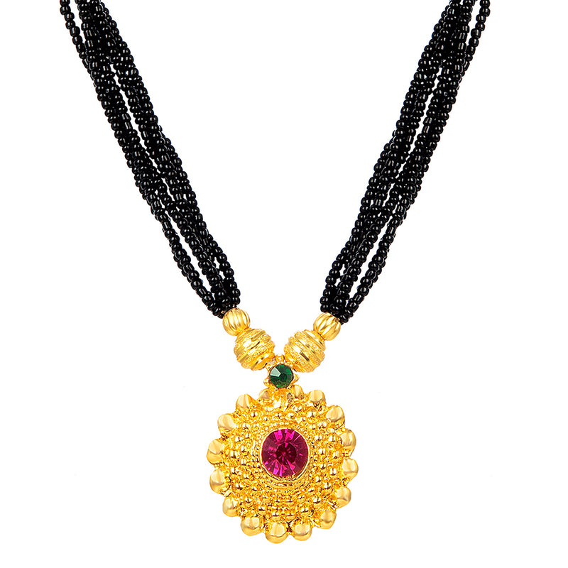 Shrishti Fashion Classy Black Bead Flower Design Pink Stone Gold Plated Mangalsutra For Women