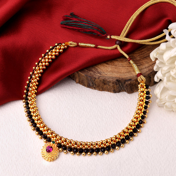 Shrishti Fashion Traditional Black and Gold Bead Gold Plated Necklace For Women
