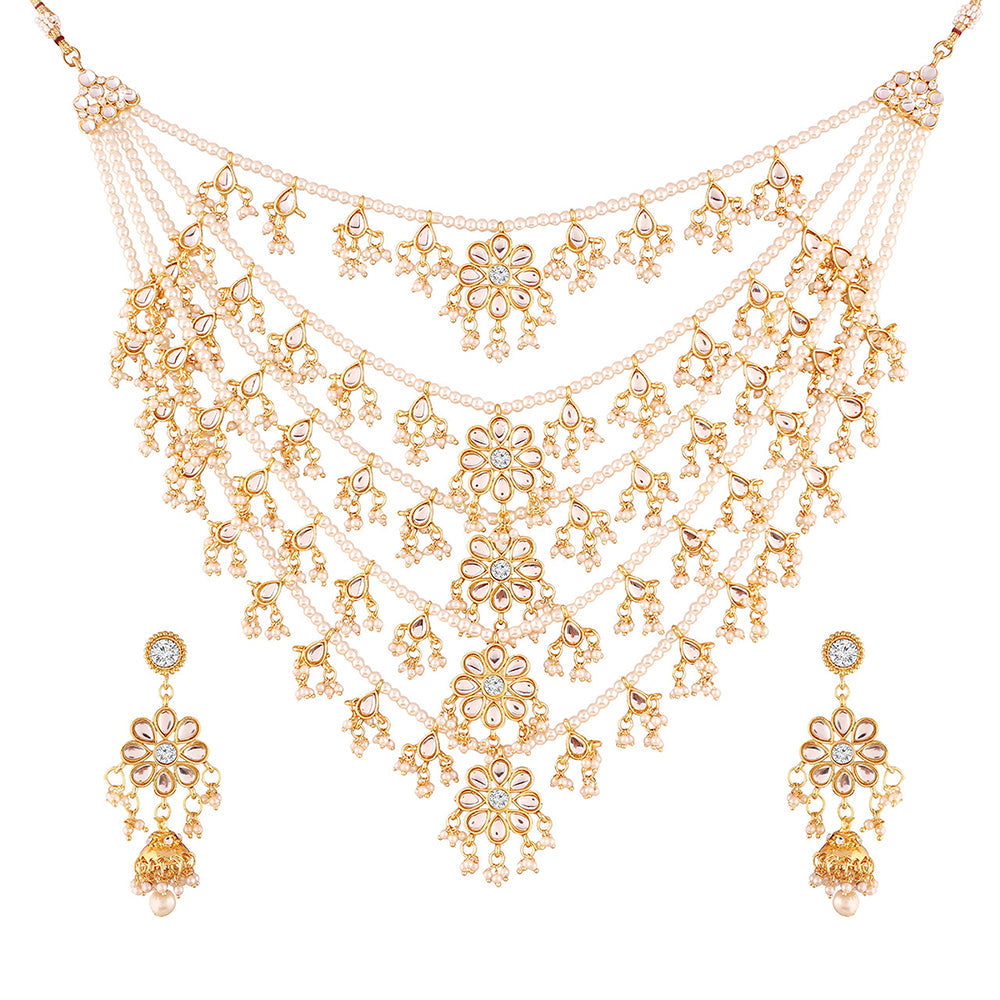 Etnico 18K Gold Plated Multi Strand Floral Kundan & Pearl Beaded Necklace Jewellery Set (M4080W)