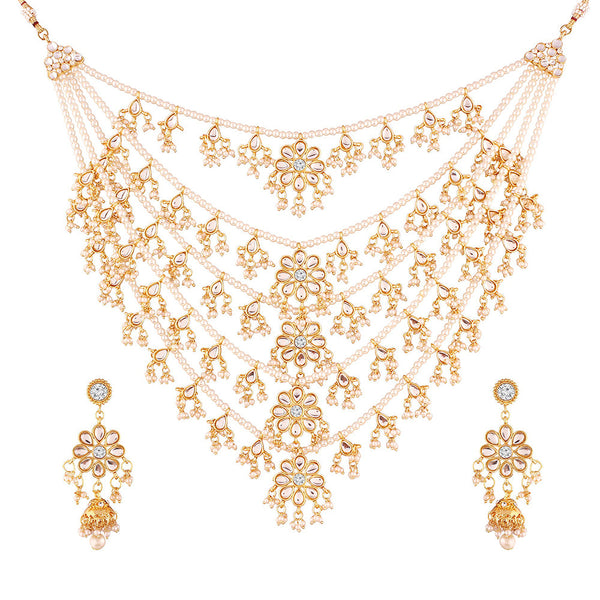 Etnico 18K Gold Plated Multi Strand Floral Kundan & Pearl Beaded Necklace Jewellery Set (M4080W)