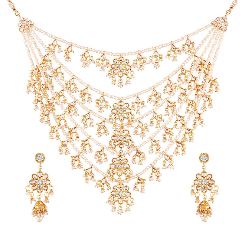 Etnico 18K Gold Plated Multi Strand Floral Kundan & Pearl Beaded Necklace Jewellery Set (M4080W)