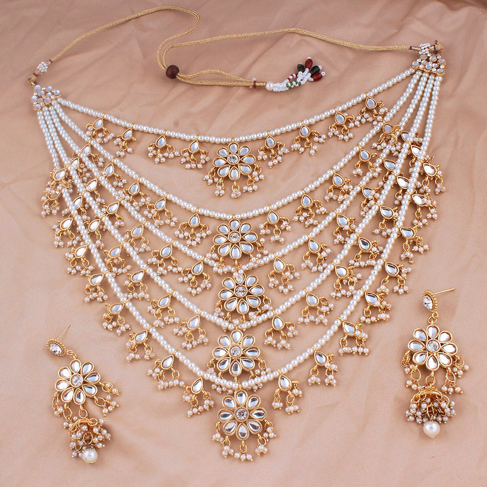 Etnico 18K Gold Plated Multi Strand Floral Kundan & Pearl Beaded Necklace Jewellery Set (M4080W)