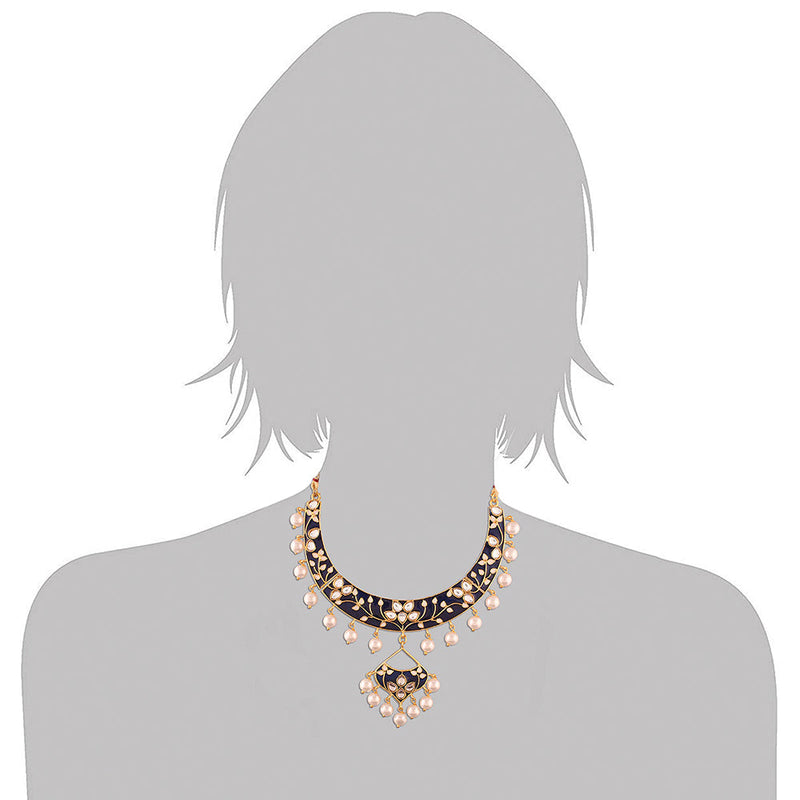 Etnico Gold Plated Kundan Meenakari Necklace Jewellery Set For Women (M4084Bl)