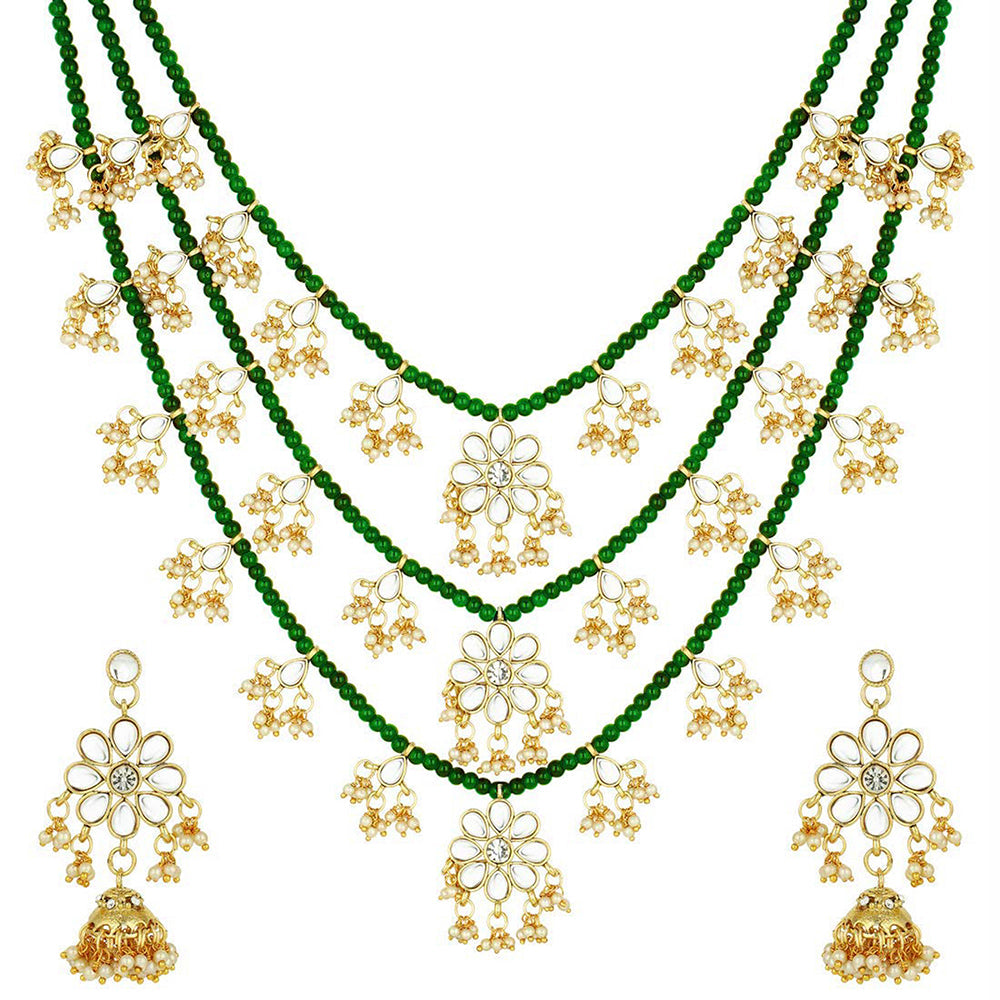 Etnico 3 Layered Multi Strand Floral Kundan & Pearl Beaded Necklace For Women/ Girls (M4094G)