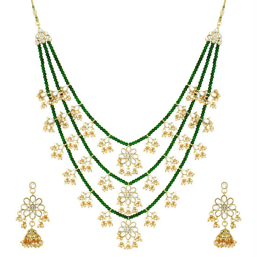 Etnico 3 Layered Multi Strand Floral Kundan & Pearl Beaded Necklace For Women/ Girls (M4094G)