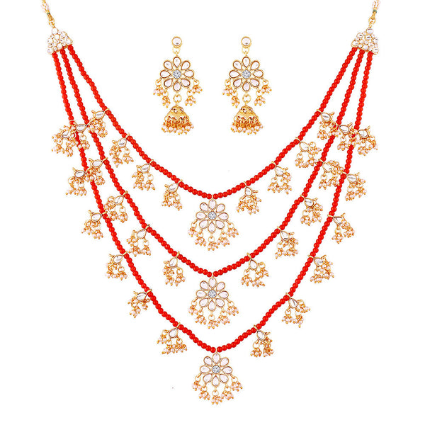 Etnico 3 Layered Multi Strand Floral Kundan & Pearl Beaded Necklace For Women/ Girls (M4094R)