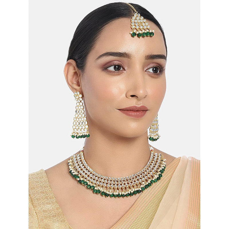 Etnico Traditional Gold Plated Handcrafted Stone Studded & Pearl Necklace Set with Earrings & Maang Tikka for Women (M4111G)