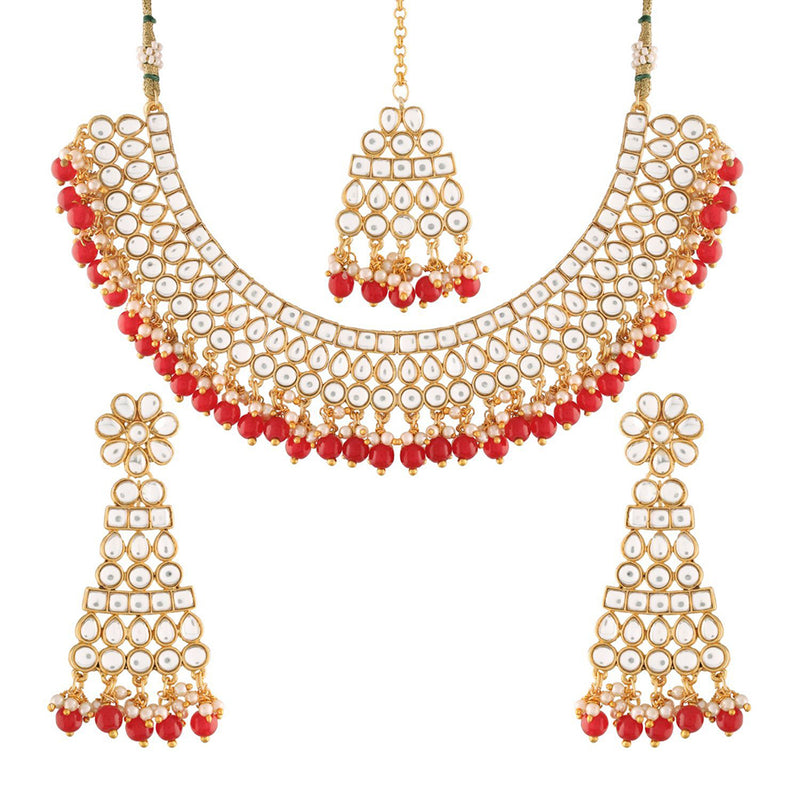 Etnico Traditional Gold Plated Handcrafted Stone Studded & Pearl Necklace Set with Earrings & Maang Tikka for Women (M4111R)