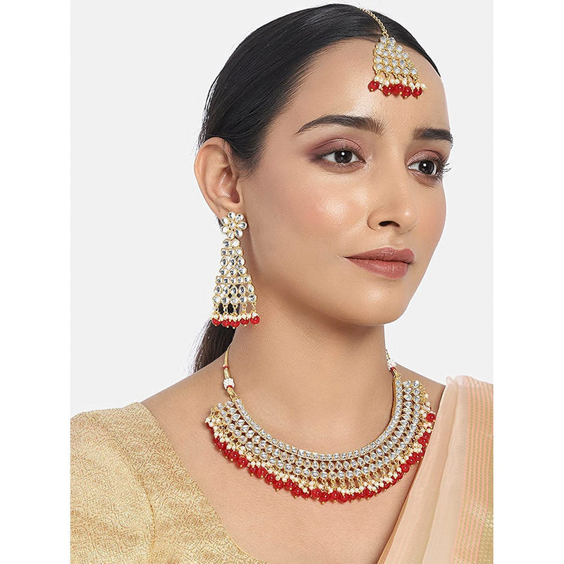 Etnico Traditional Gold Plated Handcrafted Stone Studded & Pearl Necklace Set with Earrings & Maang Tikka for Women (M4111R)