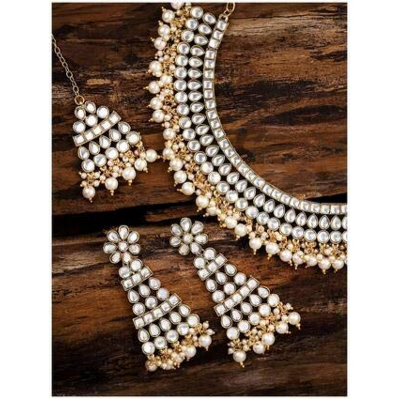 Etnico Gold-plated and Pearl Necklace Set With Maang Tika & Earrings for Women (White)