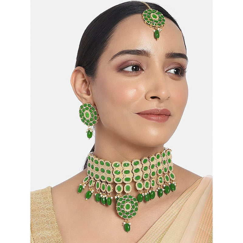 Etnico Pearl Base Metal and Emerald Choker Necklace Set With Mang Tika for Women & Girls (Green)