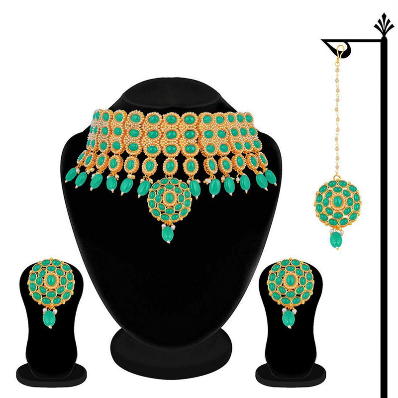 Etnico Pearl Base Metal and Emerald Choker Necklace Set With Mang Tika for Women & Girls (Green)