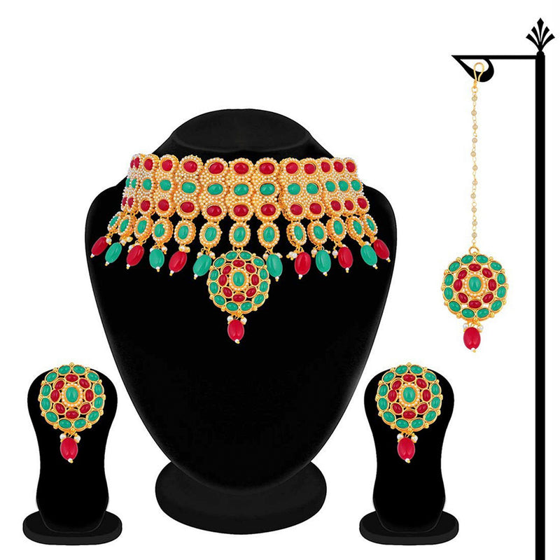 Etnico Traditional Deepika Style Gold Plated Multicolour Bridal Pearl Choker Necklace Set with Maang Tikka for Women