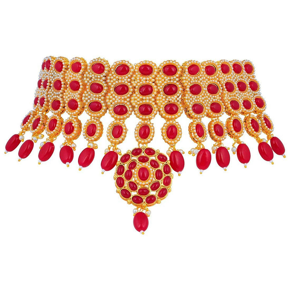 Etnico Traditional Deepika Style Red Gold Plated Bridal Pearl Choker Necklace Set with Maang Tikka for Women