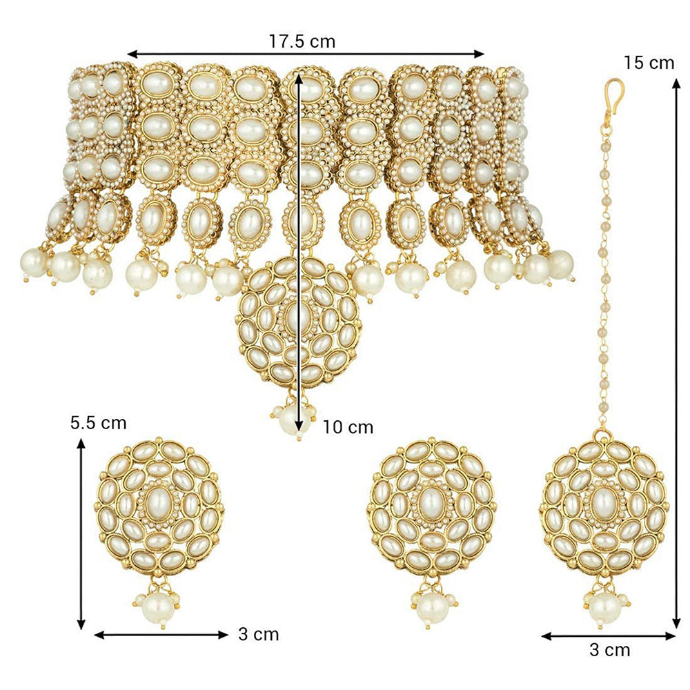 Etnico Traditional Deepika Style Gold Plated Bridal Pearl Choker Necklace Set with Maang Tikka (M4127W)