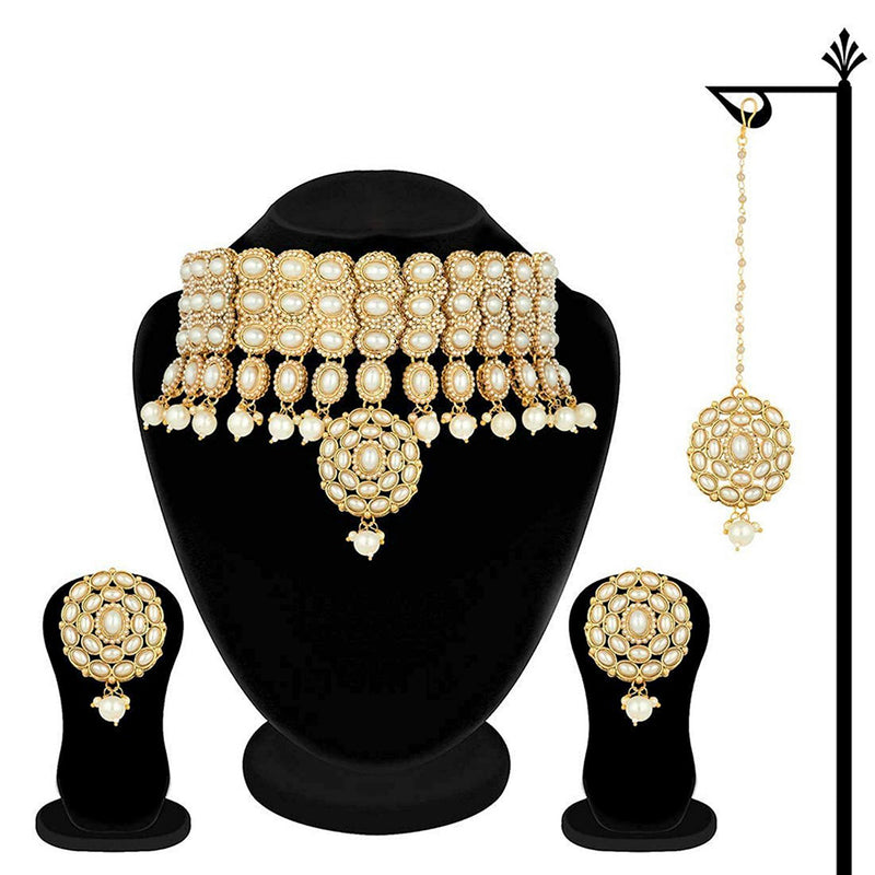 Etnico Traditional Deepika Style Gold Plated Bridal Pearl Choker Necklace Set with Maang Tikka (M4127W)