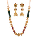 Etnico 18K Gold Plated Intricately Designed Traditional Long Emerald Green Multi String Brass Necklace Set With Earrings (MC032)