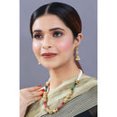 Etnico 18K Gold Plated Intricately Designed Traditional Long Emerald Green Multi String Brass Necklace Set With Earrings (MC032)