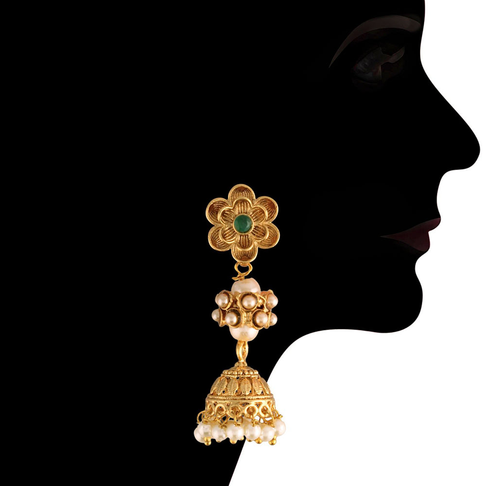 Etnico 18K Gold Plated Intricately Designed Traditional Long Emerald Green Multi String Brass Necklace Set With Earrings (MC032)