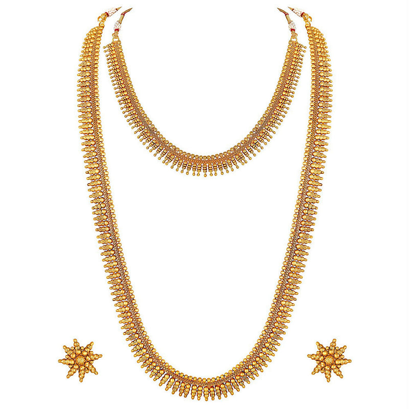 Etnico 18K Gold Plated Traditional South Indian Stylish Golden Leaf Work Necklace With Earrings For Women & Girls (MC044)