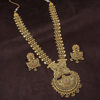 Etnico 18k Rajwadi Gold Plated Traditional Long Brass Jewellery Set With Earrings Intricately Engraved With Bride & Groom Figurines (MC048)