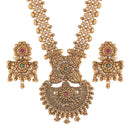 Etnico 18k Rajwadi Gold Plated Traditional Long Brass Jewellery Set With Earrings Intricately Engraved With Bride & Groom Figurines (MC048)