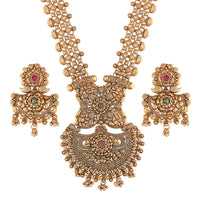 Etnico 18k Rajwadi Gold Plated Traditional Long Brass Jewellery Set With Earrings Intricately Engraved With Bride & Groom Figurines (MC048)