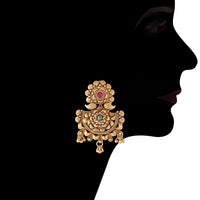 Etnico 18k Rajwadi Gold Plated Traditional Long Brass Jewellery Set With Earrings Intricately Engraved With Bride & Groom Figurines (MC048)