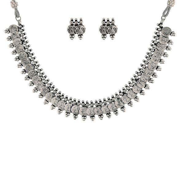 Etnico 18K Silver Oxidised Traditional South Indian Style Coin Necklace With Earrings For Women & Girls (MC061OX)